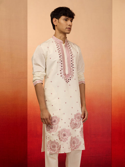 Men's Onion Multi Embroidered Silk Kurta